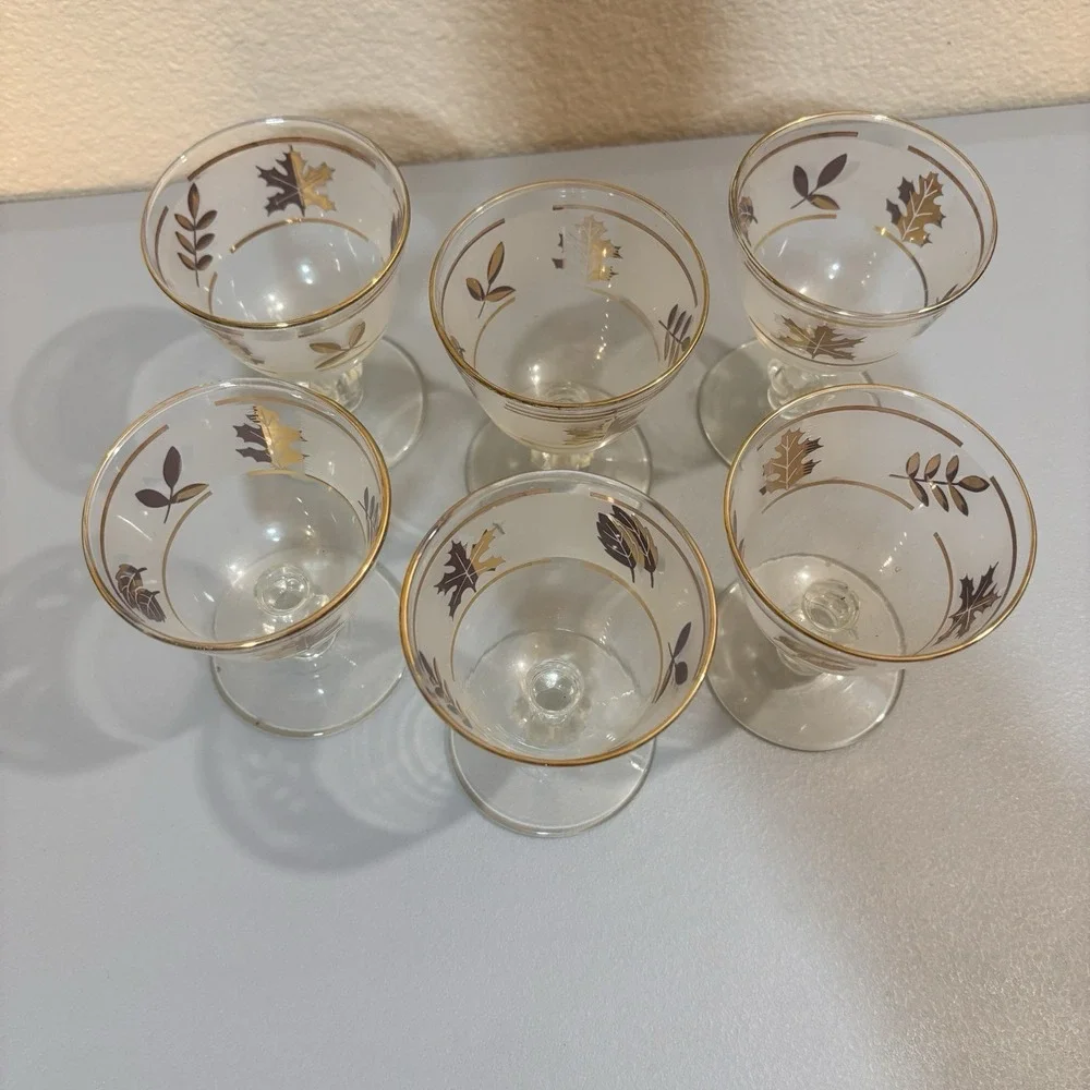 6 Libbey Gold Leaf MCM Frosted Cordial Glasses Set Barware Vintage Collectible